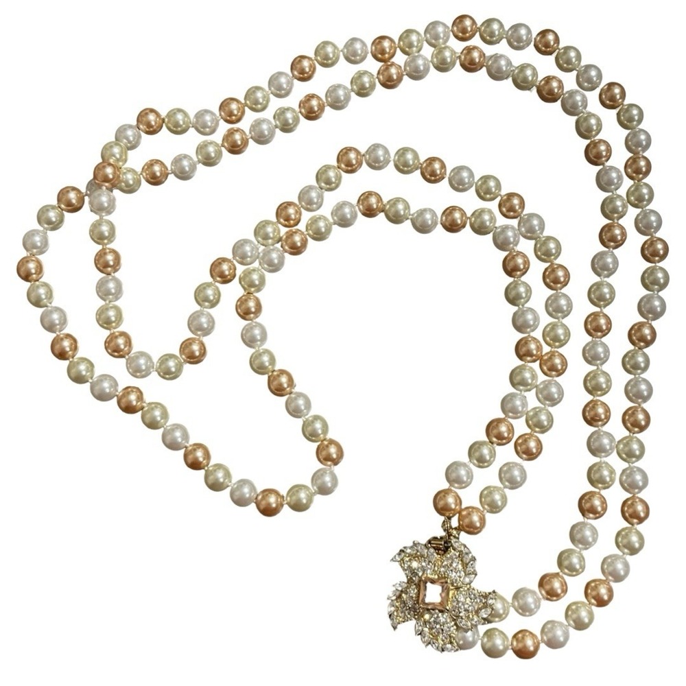 Vintage Nolan Miller Double Strand Faux Pearl Necklace with Flower Rhinestone